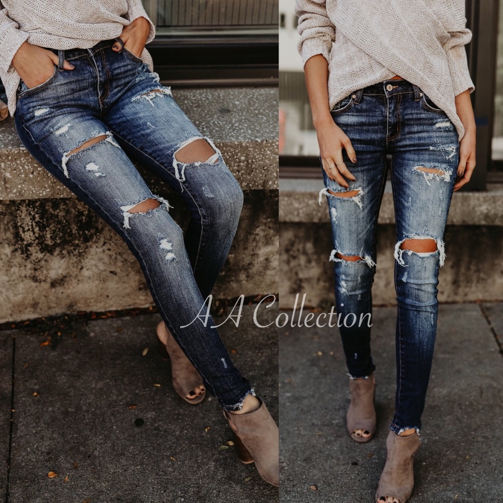 Distressed Jeans Denim Skinny Ripped Skinnies - Picture 2 of 4